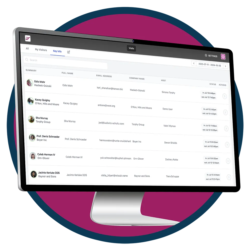 Receptful Visit Log on computer screen showing recent visitor check-ins