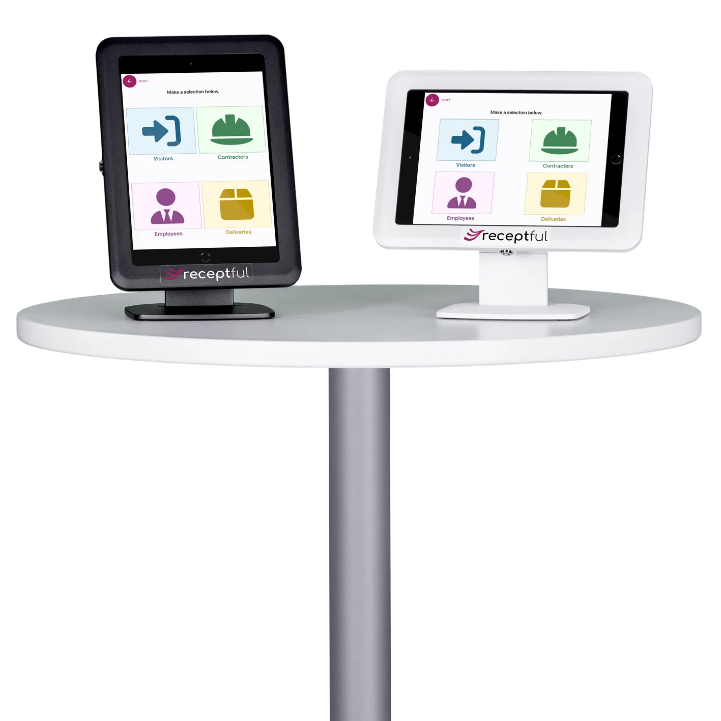 Receptful visitor management system desk stands in black and white sitting on a tabletop.