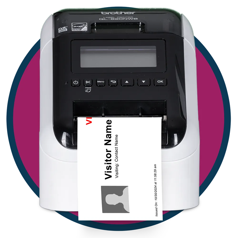 Badge printer printing out a Receptful ID badge for manufacturing visitor check-in