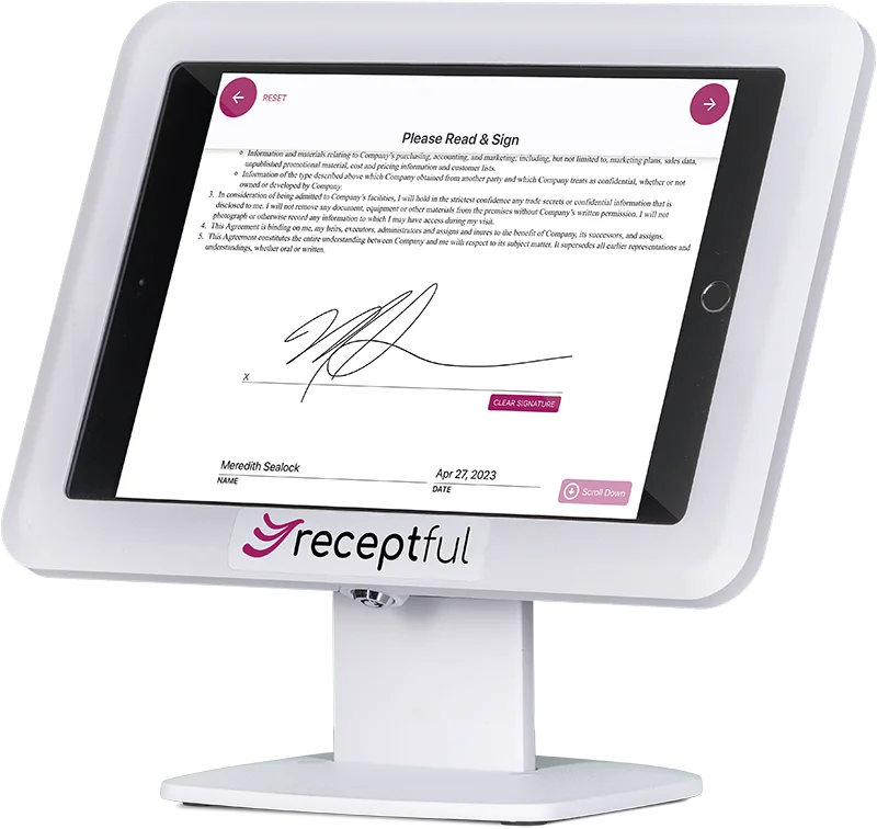 Receptful visitor management system signed agreement on iPad