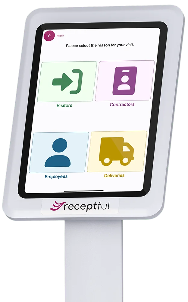 Receptful Floor Stand in White for manufacturing visitor management.